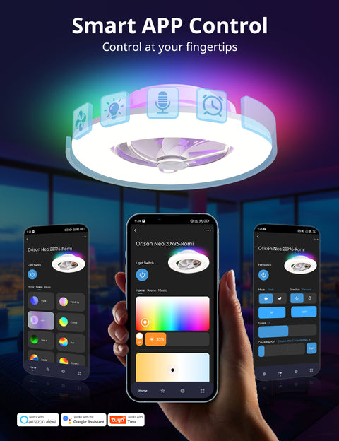 22" Orison 360° Oscillating Ceiling Fan with Light, 18° Rotating Smart RGB Backlight & Dimmable LED, Alexa & Google Compatible, APP/Remote Control