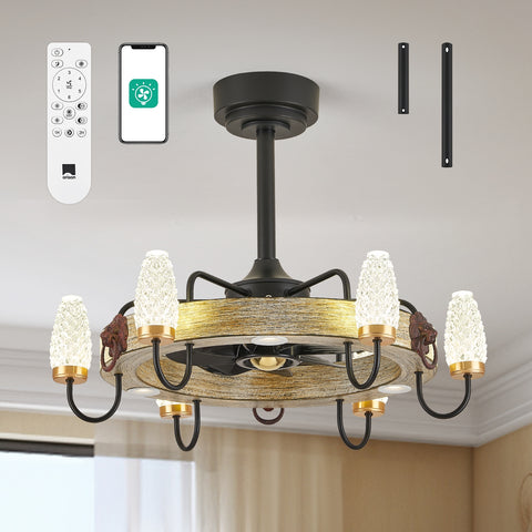 24.8" Orison Fandelier Ceiling Fan With Lights, Dimmable Rustic Fan Light with Remote/APP Control