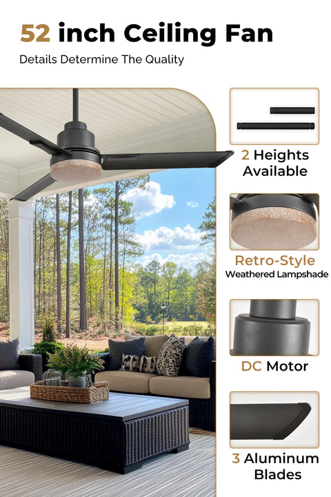 52" Orison Outdoor Ceiling Fan with Lights and Remote Control, Wet Rated Waterproof Gazebo Fan for Porch Patios Pavilion