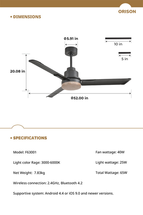 52" Orison Outdoor Ceiling Fan with Lights and Remote Control, Wet Rated Waterproof Gazebo Fan for Porch Patios Pavilion