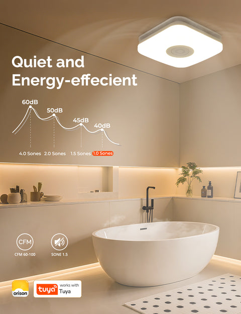 Orison Bathroom Exhaust Fan with Bluetooth Speaker, 110 CFM 1.0 Sone, bathroom vent fan featuring Light with 3 Color Temperatures, RGB Music Light, Nightlight, Remote Control