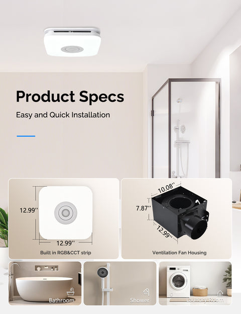 Orison Bathroom Exhaust Fan with Bluetooth Speaker, 110 CFM 1.0 Sone, bathroom vent fan featuring Light with 3 Color Temperatures, RGB Music Light, Nightlight, Remote Control