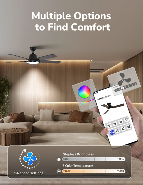 52" Orison Ceiling Fans with Lights, Low Profile Ceiling Fan with RGB Backlight, Remote/APP Control