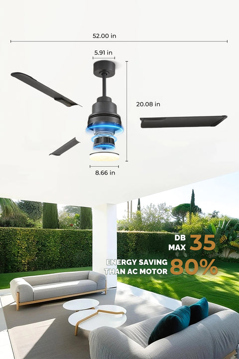 52" Orison Outdoor Ceiling Fan with Lights and Remote Control, Wet Rated Waterproof Gazebo Fan for Porch Patios Pavilion