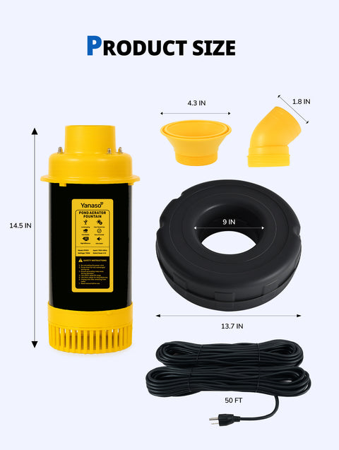 Orison Pond Fountain Aerator Pump with Timer, 50ft Power Cord, 2 Spray Patterns, Energy-Efficient Water Circulation for Ponds & Lakes