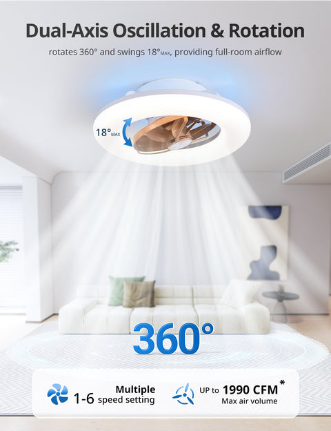 22" Orison 360° Oscillating Ceiling Fan with Light, 18° Rotating Smart RGB Backlight & Dimmable LED, Alexa & Google Compatible, APP/Remote Control