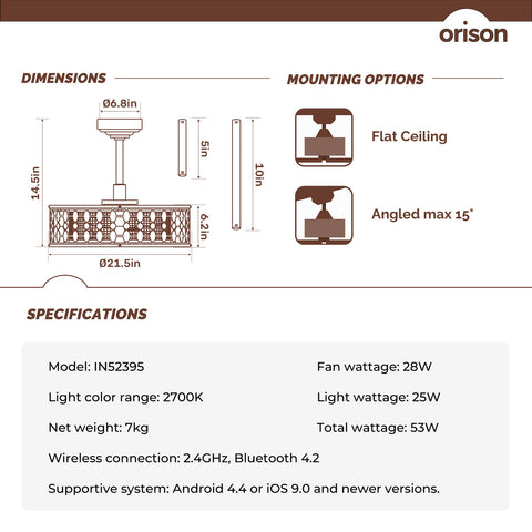 21.5" Orison Caged Ceiling Fan with Light, Fan with Dimmable Up Lights for Living Room