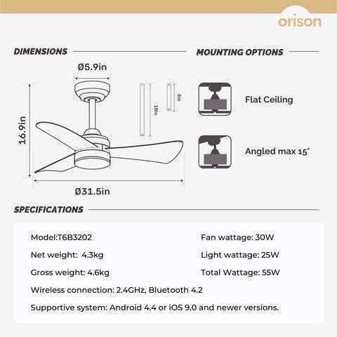 32" Orison Smart Ceiling Fans with Lights and Remote Control, Dancing RGB Light for Modern Bedroom