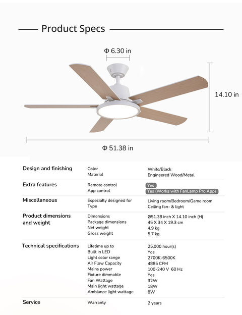 52" Orison Ceiling Fans with Lights, Low Profile Ceiling Fan with RGB Backlight, Remote/APP Control
