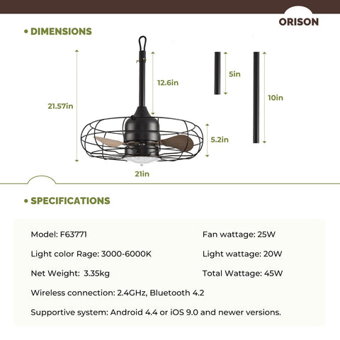 Orison Outdoor Caged Ceiling Fans with Light for Patio and Remote - Waterproof
