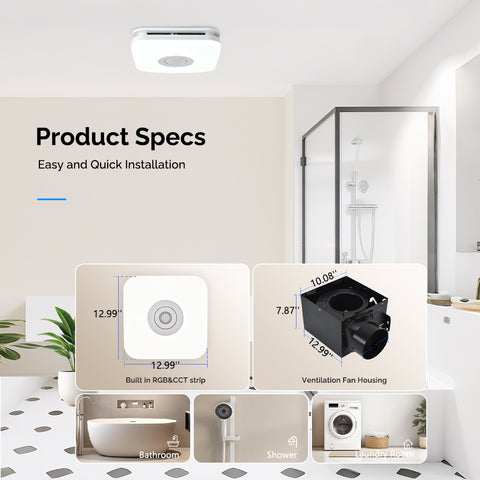 Orison Bathroom Exhaust Fan with Bluetooth Speaker, 110 CFM 1.0 Sone, bathroom vent fan featuring Light with 3 Color Temperatures, RGB Music Light, Nightlight, Remote Control