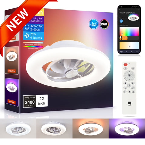 22" Orison 360° Oscillating Ceiling Fan with Light, 18° Rotating Smart RGB Backlight & Dimmable LED, Alexa & Google Compatible, APP/Remote Control