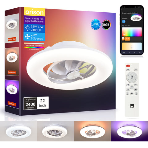 22" Orison 360° Oscillating Ceiling Fan with Light, 18° Rotating Smart RGB Backlight & Dimmable LED, Alexa & Google Compatible, APP/Remote Control