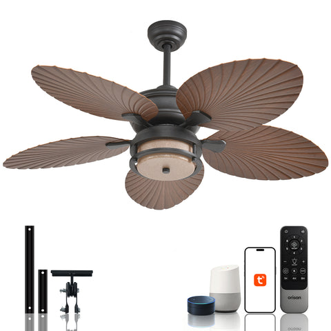 52" Orison Outdoor Ceiling Fan with Lights, Tropical Palm Leaf Fan, Dimmable Light with Remote/APP Control, Alexa Voice Control