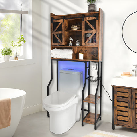 Orison Toilet Rack with RGB Light, Over The Toilet Storage Cabinet with 2 Barn Door and Toilet Paper Holder Stand