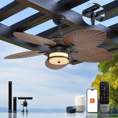 52" Orison Outdoor Ceiling Fan with Lights, Tropical Palm Leaf Fan, Dimmable Light with Remote/APP Control, Alexa Voice Control