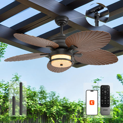 52" Orison Outdoor Ceiling Fan with Lights, Tropical Palm Leaf Fan, Dimmable Light with Remote/APP Control, Plug-in/Flush Mount