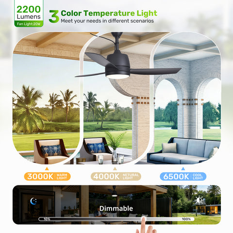 42" Orison Outdoor Ceiling Fan with Light, 3-Blade Black Patio Fan, IP44 Waterproof