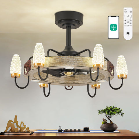 24.8" Orison Fandelier Ceiling Fan With Lights, Dimmable Rustic Fan Light with Remote/APP Control