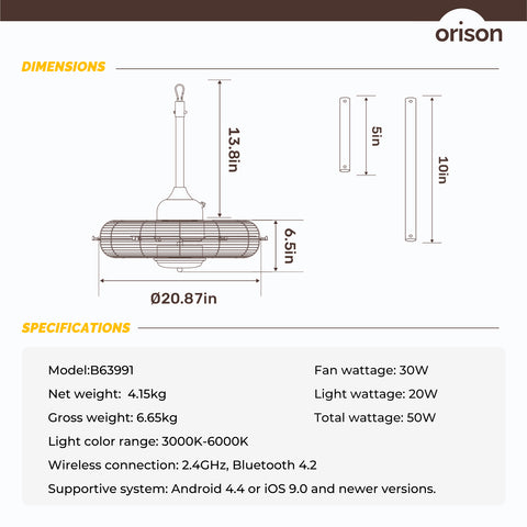 21" Orison Outdoor Gazebo Fan with Lights, Wet Rated Hanging Fan for Patio(Black Cage)