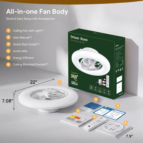 22" Orison 360° Oscillating Ceiling Fan with Light, 18° Rotating Smart RGB Backlight & Dimmable LED, Alexa & Google Compatible, APP/Remote Control