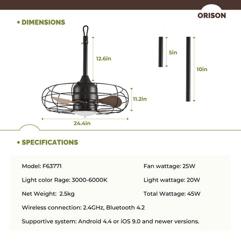 Orison Outdoor Caged Ceiling Fans with Light for Patio and Remote - Waterproof