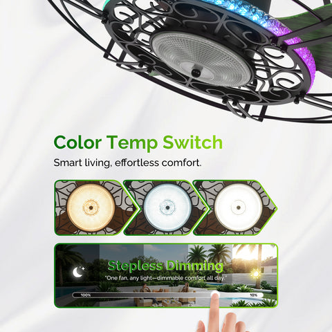 24" Orison Outdoor Ceiling Fan with RGB Light, Gazebo Fans Outdoor Hanging