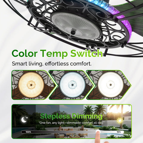 24" Orison Outdoor Ceiling Fan with RGB Light, Gazebo Fans Outdoor Hanging