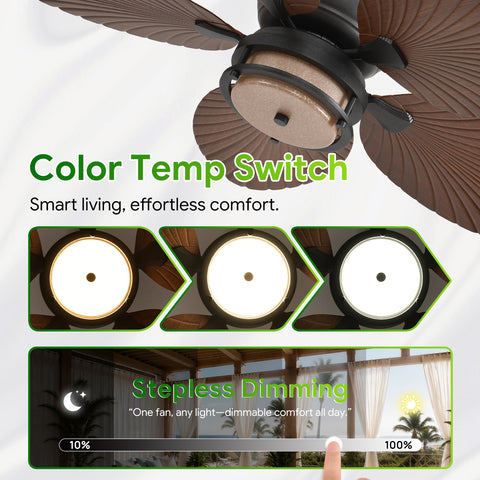 52" Orison Outdoor Ceiling Fan with Lights, Tropical Palm Leaf Fan, Dimmable Light with Remote/APP Control, Alexa Voice Control