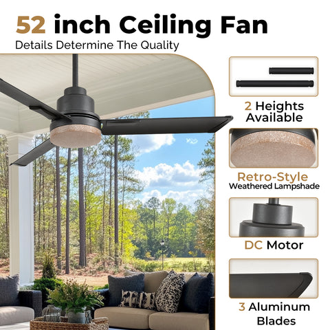 52" Orison Outdoor Ceiling Fan with Lights and Remote Control, Wet Rated Waterproof Gazebo Fan for Porch Patios Pavilion