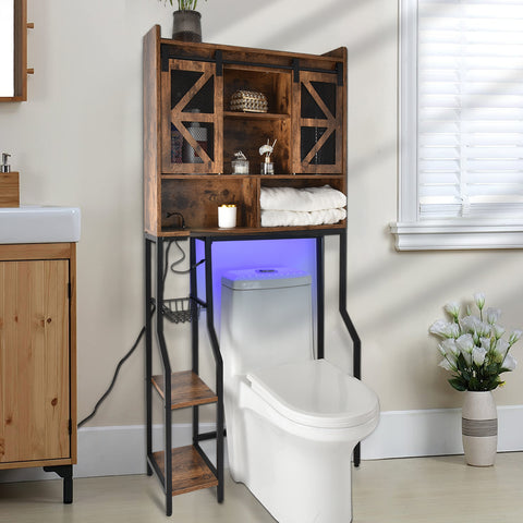 Orison Toilet Rack with RGB Light, Over The Toilet Storage Cabinet with 2 Barn Door and Toilet Paper Holder Stand