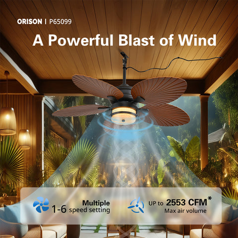 52" Orison Outdoor Ceiling Fan with Lights, Tropical Palm Leaf Fan, Dimmable Light with Remote/APP Control, Plug-in/Flush Mount