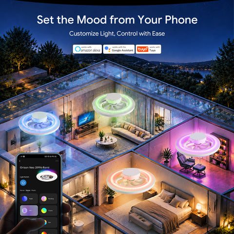 22" Orison 360° Oscillating Ceiling Fan with Light, 18° Rotating Smart RGB Backlight & Dimmable LED, Alexa & Google Compatible, APP/Remote Control