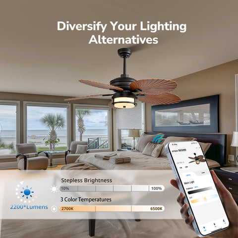 52" Orison Outdoor Ceiling Fan with Lights, Tropical Palm Leaf Fan, Dimmable Light with Remote/APP Control, Plug-in/Flush Mount