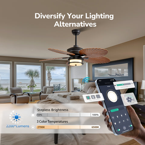 52" Orison Outdoor Ceiling Fan with Lights, Tropical Palm Leaf Fan, Dimmable Light with Remote/APP Control, Plug-in/Flush Mount