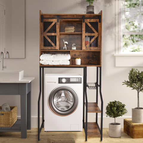 Orison Toilet Rack with RGB Light, Over The Toilet Storage Cabinet with 2 Barn Door and Toilet Paper Holder Stand