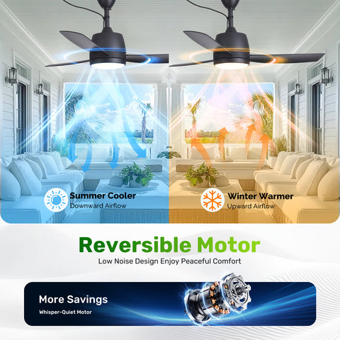 42" Orison Outdoor Ceiling Fan with Light, 3-Blade Black Patio Fan, IP44 Waterproof