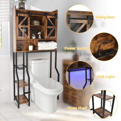 Orison Toilet Rack with RGB Light, Over The Toilet Storage Cabinet with 2 Barn Door and Toilet Paper Holder Stand