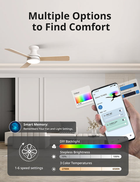 42" Orison Ceiling Fans with Lights, Smart RGB Backlight, Dimmable Lighting, Alexa Voice Control