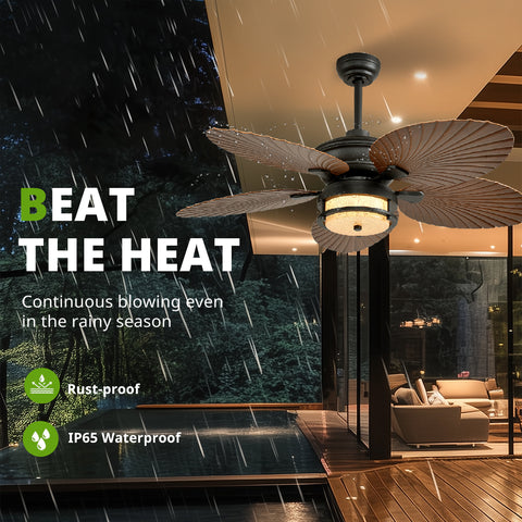 52" Orison Outdoor Ceiling Fan with Lights, Tropical Palm Leaf Fan, Dimmable Light with Remote/APP Control, Plug-in/Flush Mount