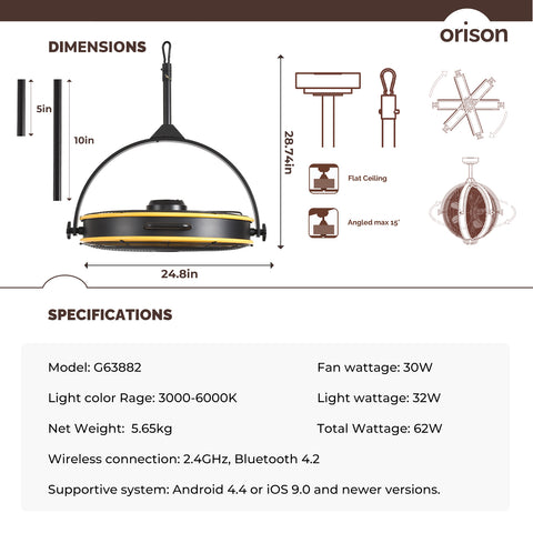 24.8" Orison Outdoor/Indoor Garage Ceiling Fan with Light, Manual Vertical Rotation