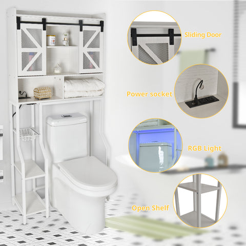 Orison Toilet Rack with RGB Light, Over The Toilet Storage Cabinet with 2 Barn Door and Toilet Paper Holder Stand(White)