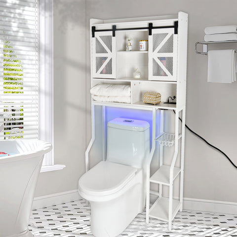 Orison Toilet Rack with RGB Light, Over The Toilet Storage Cabinet with 2 Barn Door and Toilet Paper Holder Stand(White)