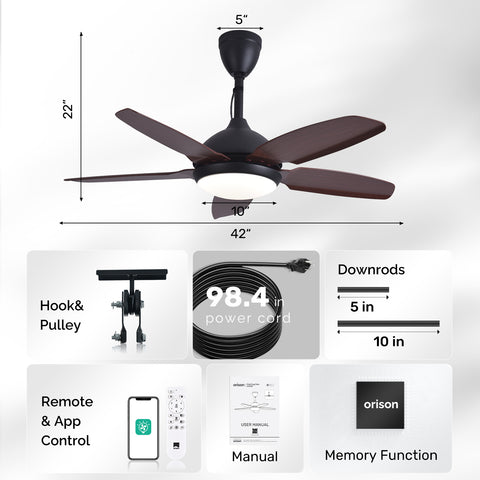 42" Orison Plug-in Outdoor Ceiling Fan with Light, 5-Blade Hanging Fan for Gazebo Porch