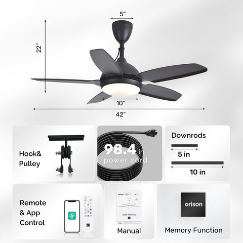 42" Orison Plug-in Outdoor Ceiling Fan with Light, 5-Blade Hanging Fan for Gazebo Porch