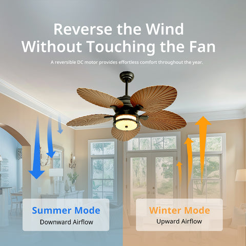 52" Orison Outdoor Ceiling Fan with Lights, Tropical Palm Leaf Fan, Dimmable Light with Remote/APP Control, Plug-in/Flush Mount
