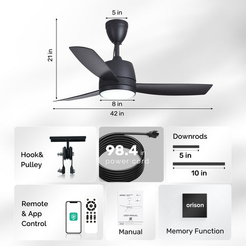 42" Orison Outdoor Ceiling Fan with Light, 3-Blade Black Patio Fan, IP44 Waterproof