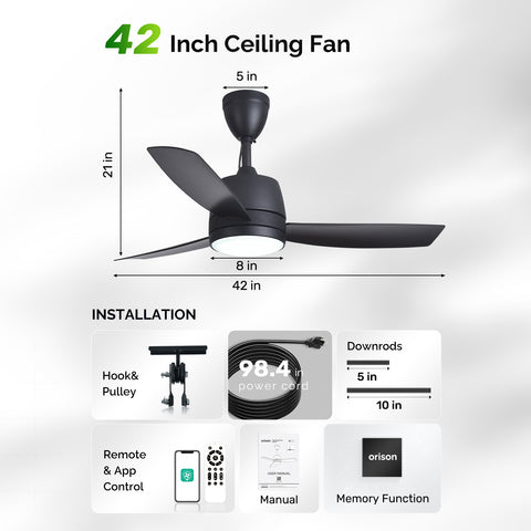 42" Orison Outdoor Ceiling Fan with Light, 3-Blade Black Patio Fan, IP44 Waterproof