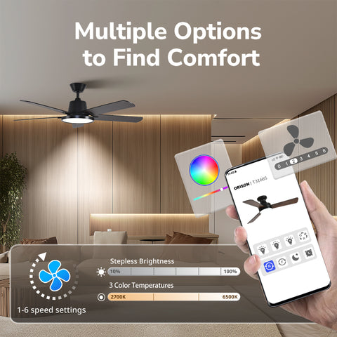 52" Orison Ceiling Fans with Lights, Low Profile Ceiling Fan with RGB Backlight, Remote/APP Control