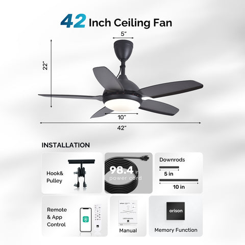 42" Orison Plug-in Outdoor Ceiling Fan with Light, 5-Blade Hanging Fan for Gazebo Porch